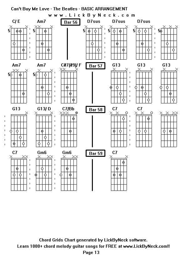 Chord Grids Chart of chord melody fingerstyle guitar song-Can't Buy Me Love - The Beatles - BASIC ARRANGEMENT,generated by LickByNeck software.